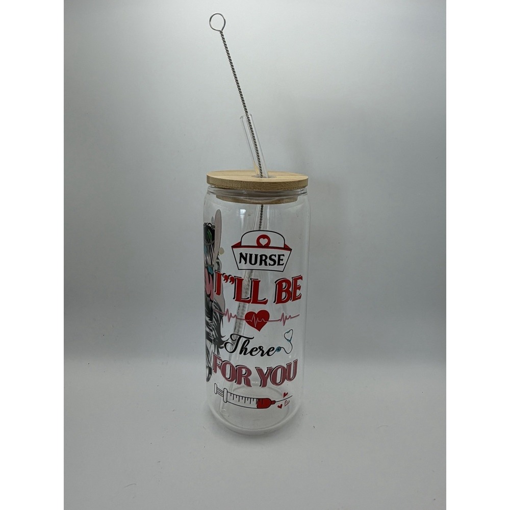 NURSE Glass Tumbler Cup Bamboo Lid Glass Straw‎ & Straw Cleaner